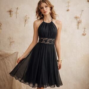 Vintage 1970s Lillie Rubin Collection 700 Black Chiffon Halter Dress XS